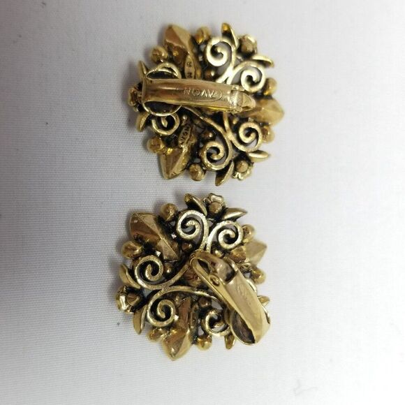 Vintage Avon Pink Green Rhinestone Clip On Earrings, Scroll Design, Estate - Picture 3 of 8